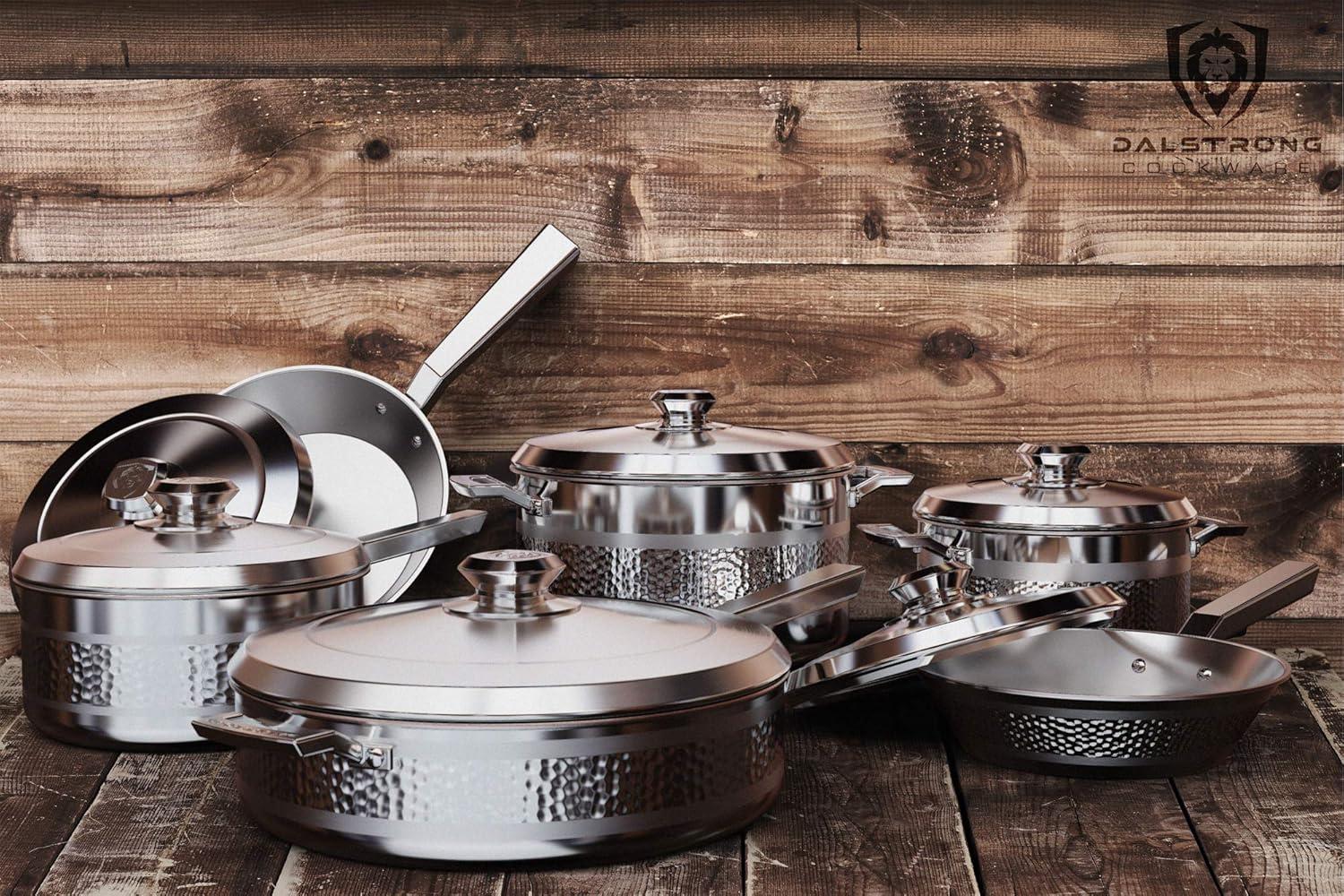 image:imageDalstrong 12Piece Premium Kitchen Cookware Set The Avalon Series 5Ply Copper Core Hammered Finish Pots and Pans Set Silver Cooking Set wLid amp Pot Protector