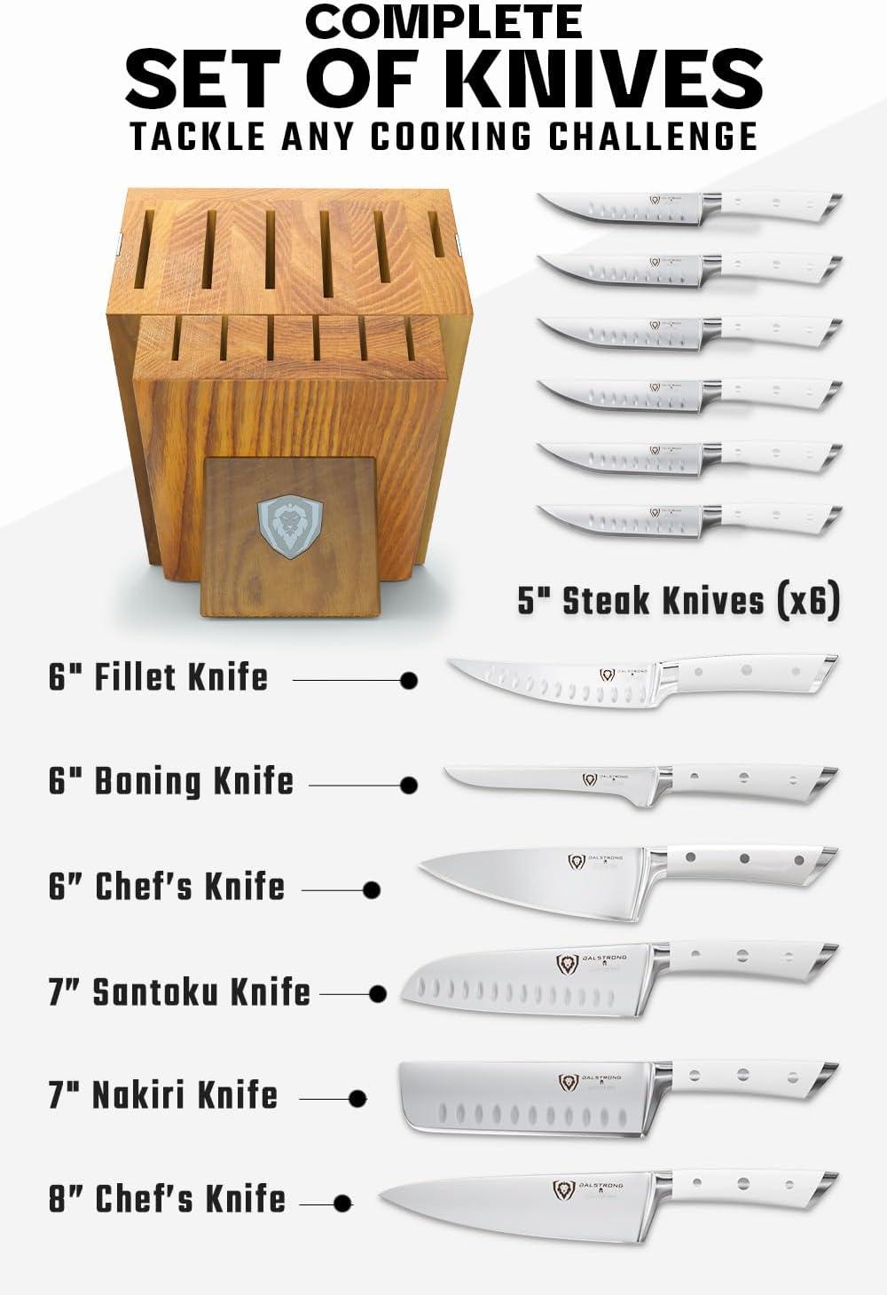 image:imageDalstrong 8Piece Kitchen Knife Set Block High Carbon German Steel Full Tang Acacia Wood Knife Block Set White Handles ABS Gladiator Series Professional NSF Knives set for Kitchen CuchillosGlacial White