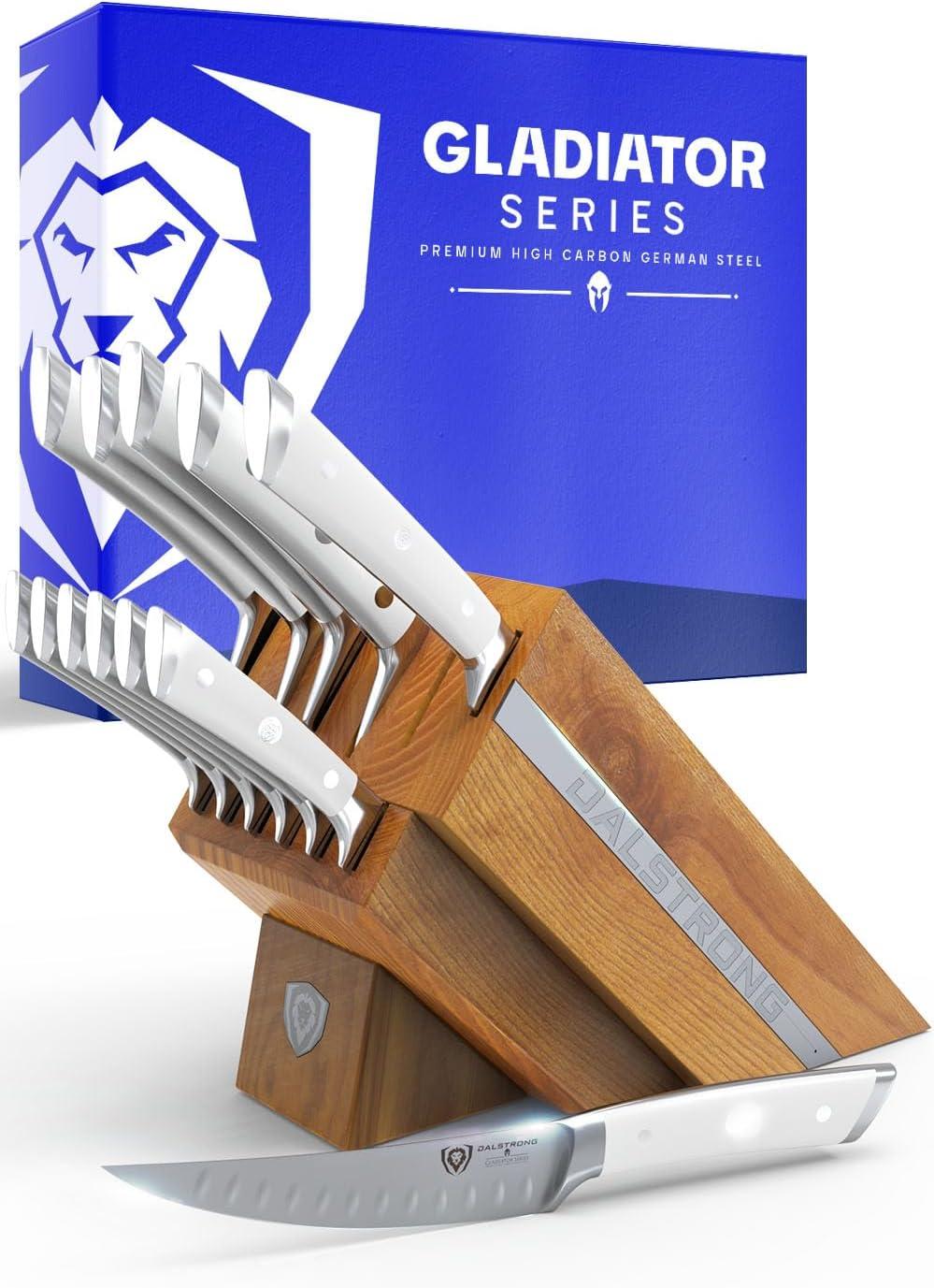 image:imageDalstrong 8Piece Kitchen Knife Set Block High Carbon German Steel Full Tang Acacia Wood Knife Block Set White Handles ABS Gladiator Series Professional NSF Knives set for Kitchen CuchillosGlacial White
