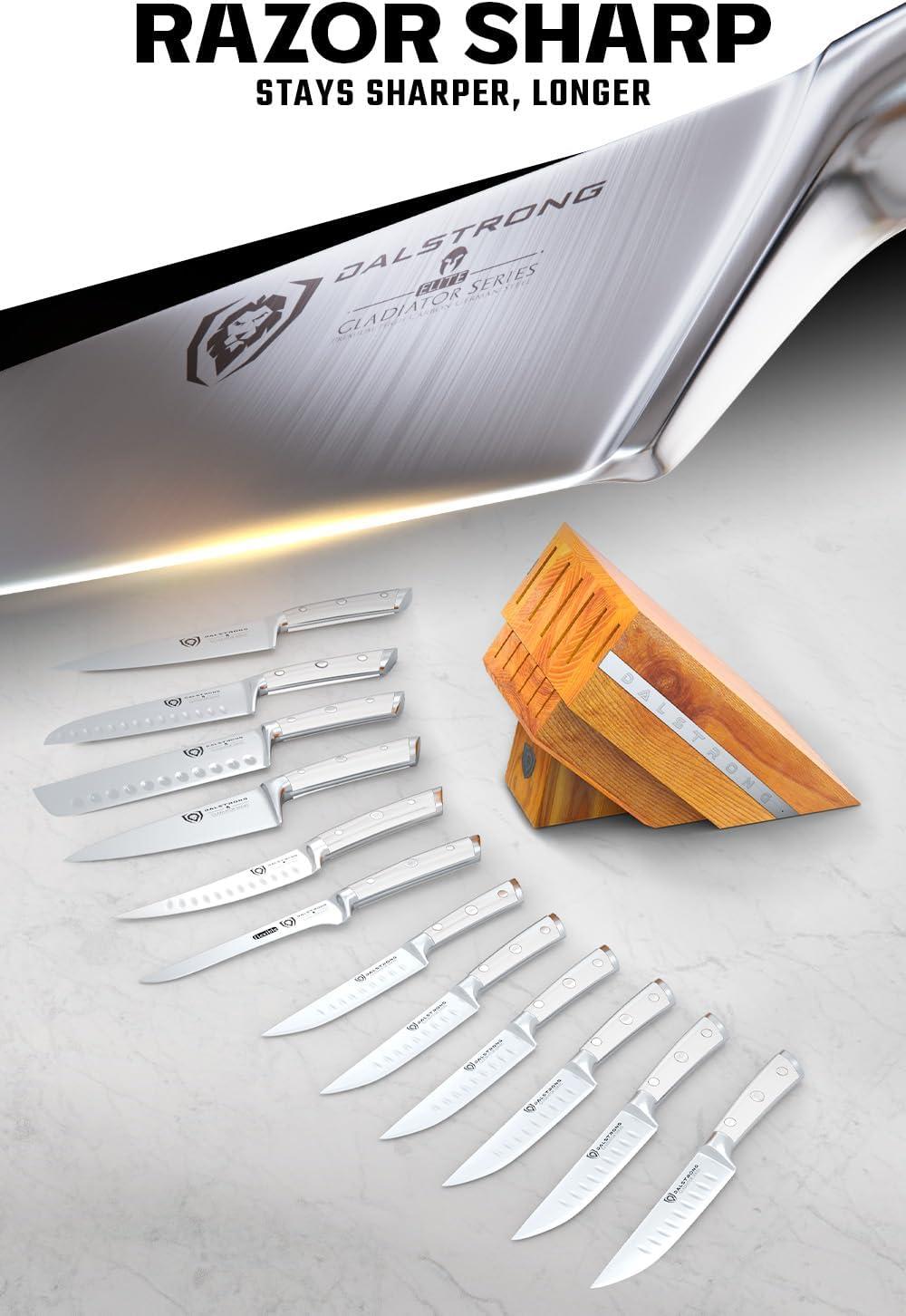 image:imageDalstrong 8Piece Kitchen Knife Set Block High Carbon German Steel Full Tang Acacia Wood Knife Block Set White Handles ABS Gladiator Series Professional NSF Knives set for Kitchen CuchillosGlacial White