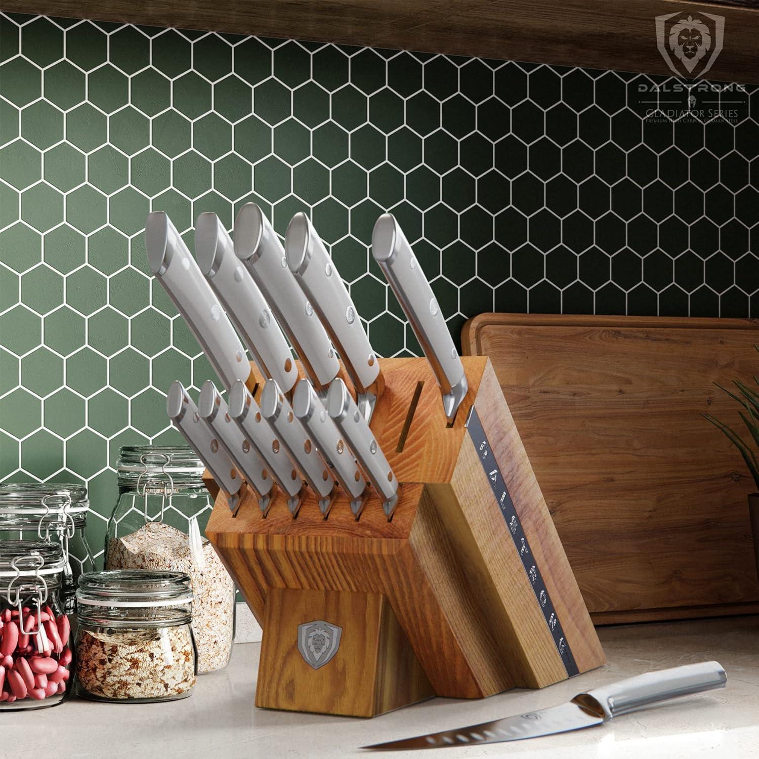 image:imageDalstrong 8Piece Kitchen Knife Set Block High Carbon German Steel Full Tang Acacia Wood Knife Block Set White Handles ABS Gladiator Series Professional NSF Knives set for Kitchen CuchillosGlacial White