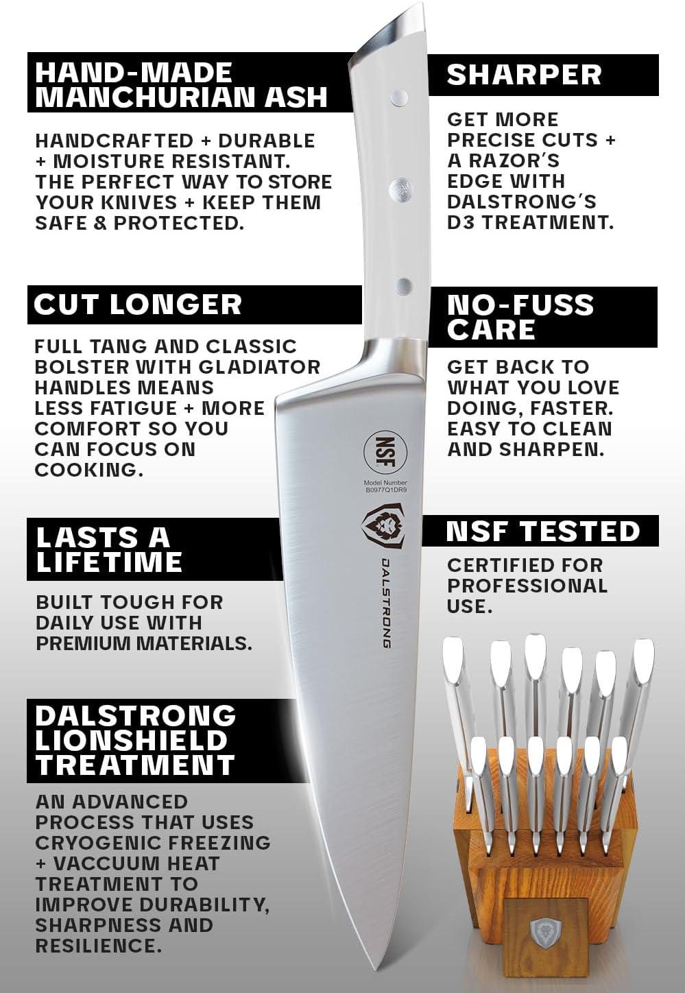 image:imageDalstrong 8Piece Kitchen Knife Set Block High Carbon German Steel Full Tang Acacia Wood Knife Block Set White Handles ABS Gladiator Series Professional NSF Knives set for Kitchen CuchillosGlacial White