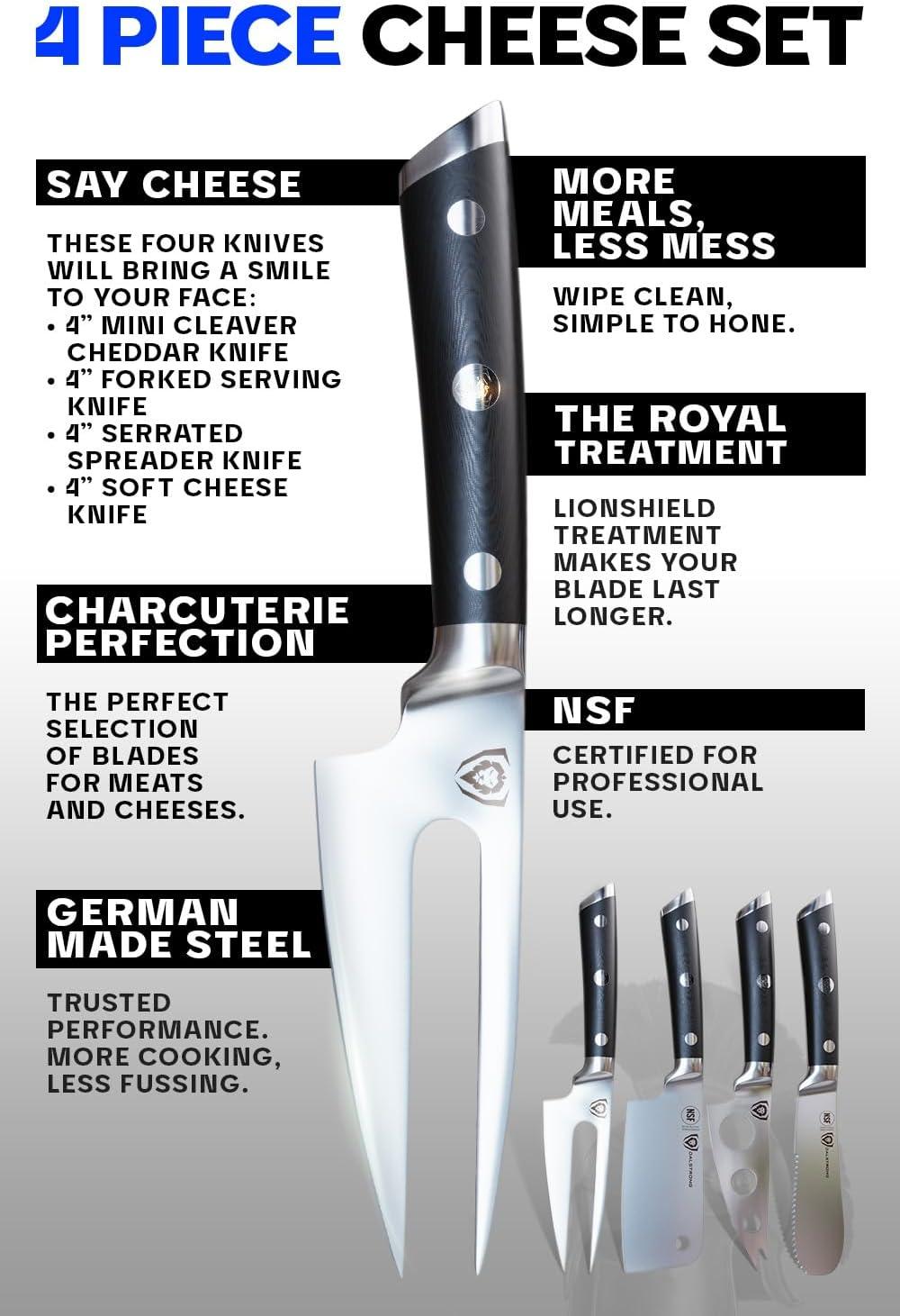 image:imageDalstrong Charcuterie amp Cheese Knife Set4pcGladiator Series EliteMini Cleaver SerratedRoundTipForked Cheese Knives SetG10 HandleSoft amp Hard CheeseSheathNSF Certified
