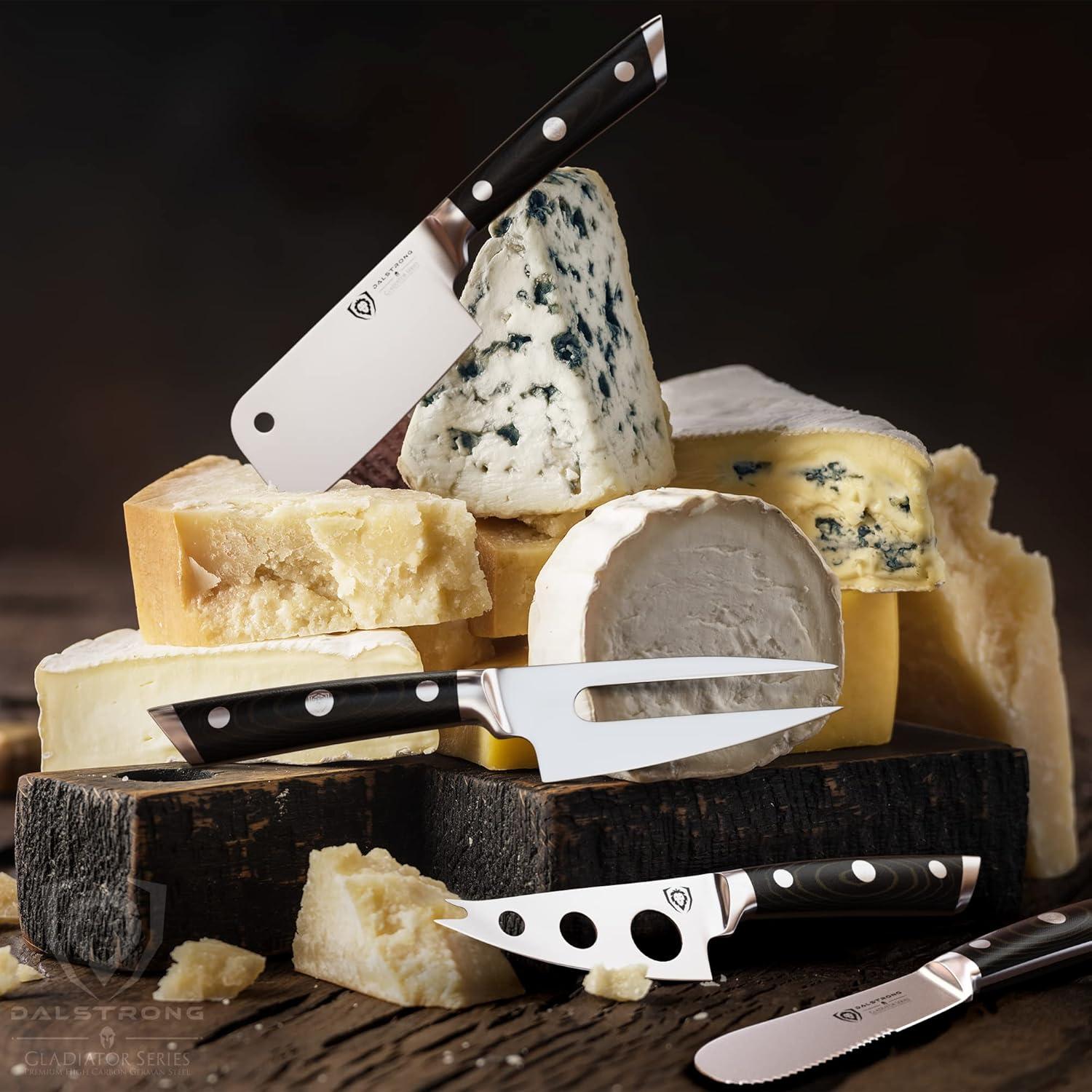 image:imageDalstrong Charcuterie amp Cheese Knife Set4pcGladiator Series EliteMini Cleaver SerratedRoundTipForked Cheese Knives SetG10 HandleSoft amp Hard CheeseSheathNSF Certified
