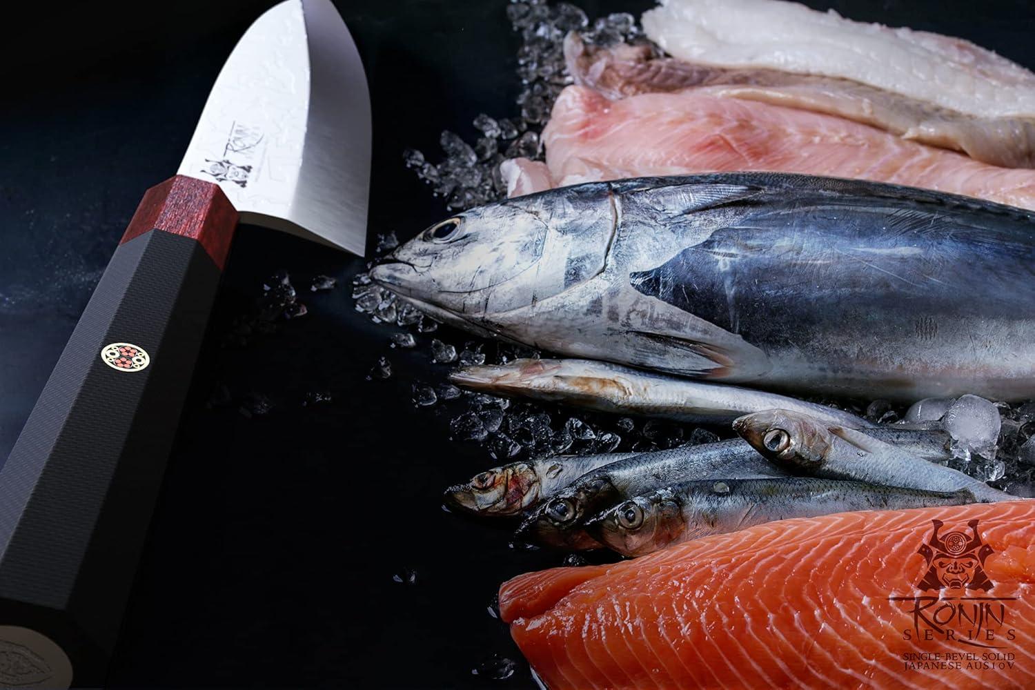 image:imageDalstrong Deba Knife 6 inch Single Bevel Blade Ronin Series FishFillet Knife Japanese AUS10V Damascus Asian Knife Kitchen Knife Red amp Black G10 Handle wSheath
