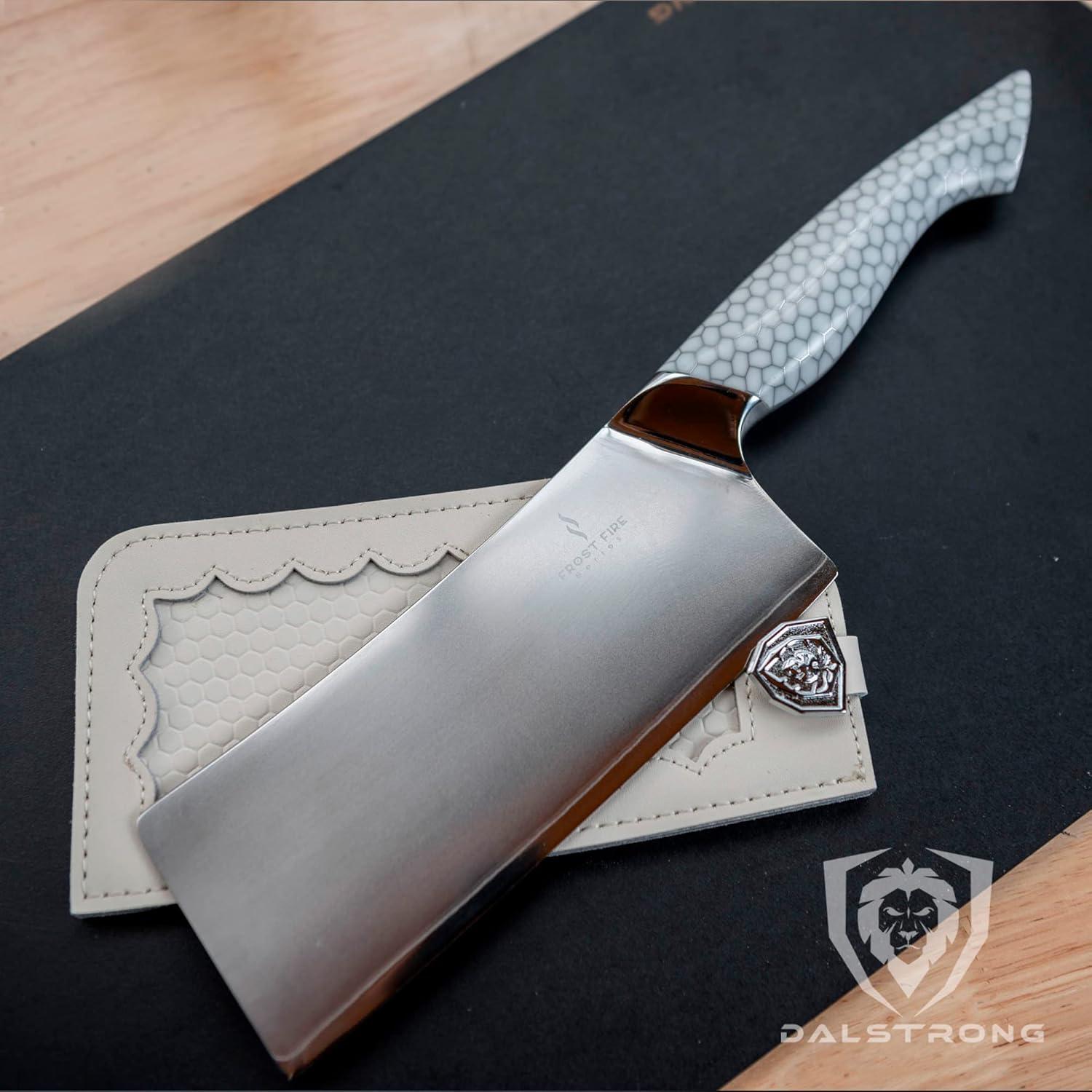 image:imageDalstrong Meat Cleaver Knife 7 inch Frost Fire Series High Chromium Steel Giftable Frosted Sandblast Finish White Honeycomb Handle Heavy Duty Leather Sheath NSF Certified