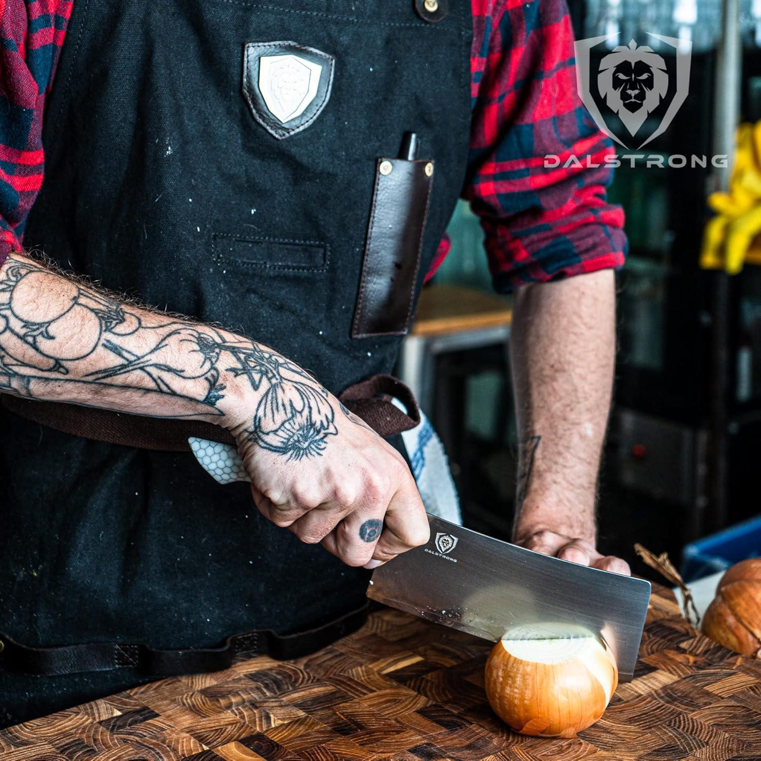 image:imageDalstrong Meat Cleaver Knife 7 inch Frost Fire Series High Chromium Steel Giftable Frosted Sandblast Finish White Honeycomb Handle Heavy Duty Leather Sheath NSF Certified