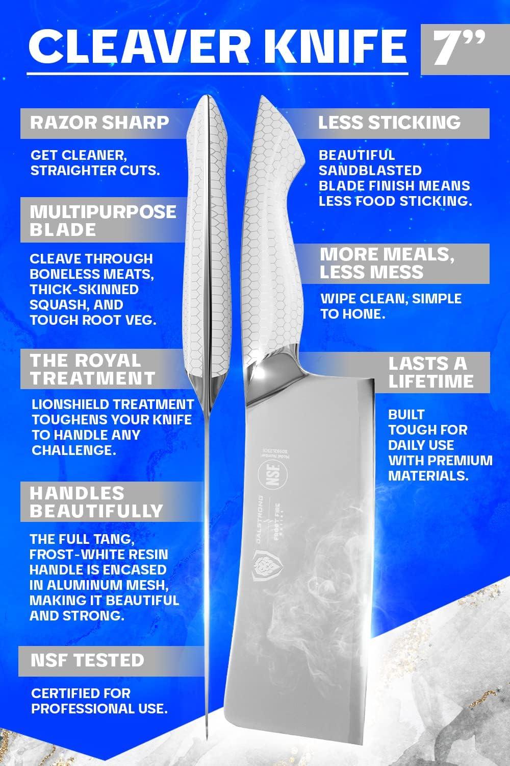 image:imageDalstrong Meat Cleaver Knife 7 inch Frost Fire Series High Chromium Steel Giftable Frosted Sandblast Finish White Honeycomb Handle Heavy Duty Leather Sheath NSF Certified