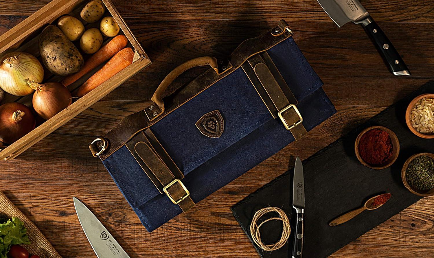 image:imageDalstrong Nomad Knife Wrap Roll 12oz Waxed Canvas Top Grain Leather Knife Roll Bag 13 Slots Interior amp Rear Zipper Pockets Travel Storage with BladeBlue