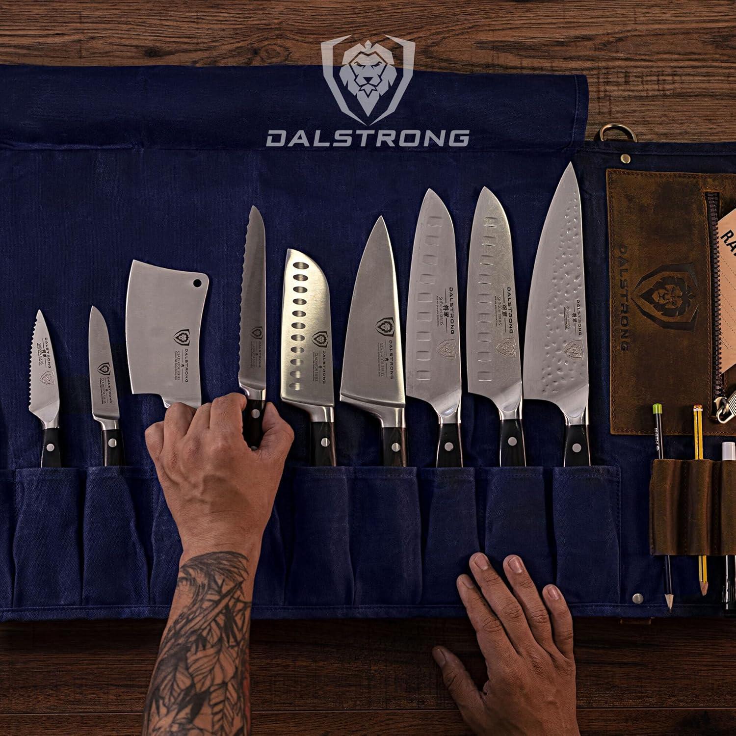 image:imageDalstrong Nomad Knife Wrap Roll 12oz Waxed Canvas Top Grain Leather Knife Roll Bag 13 Slots Interior amp Rear Zipper Pockets Travel Storage with BladeBlue