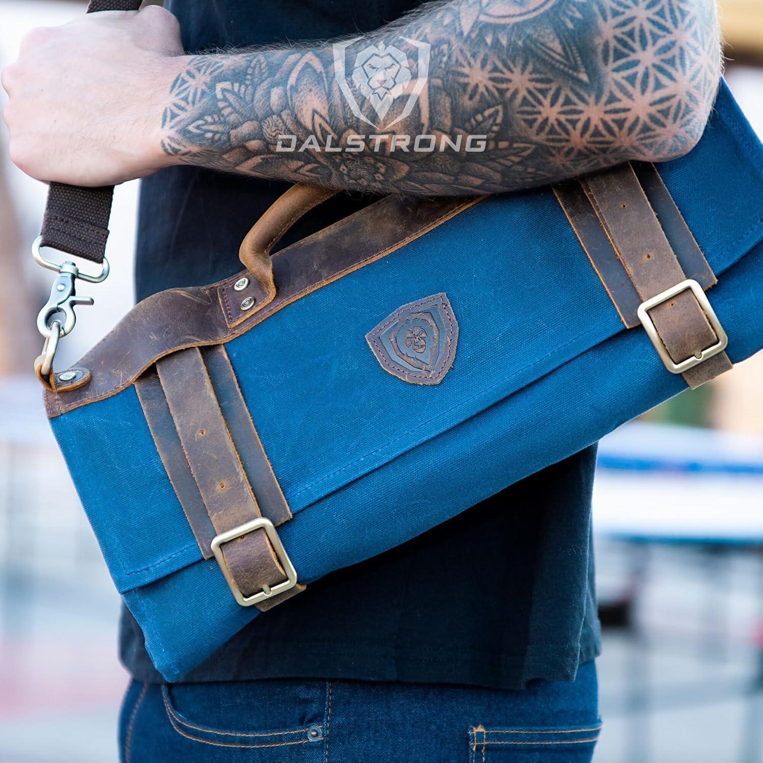 image:imageDalstrong Nomad Knife Wrap Roll 12oz Waxed Canvas Top Grain Leather Knife Roll Bag 13 Slots Interior amp Rear Zipper Pockets Travel Storage with BladeBlue