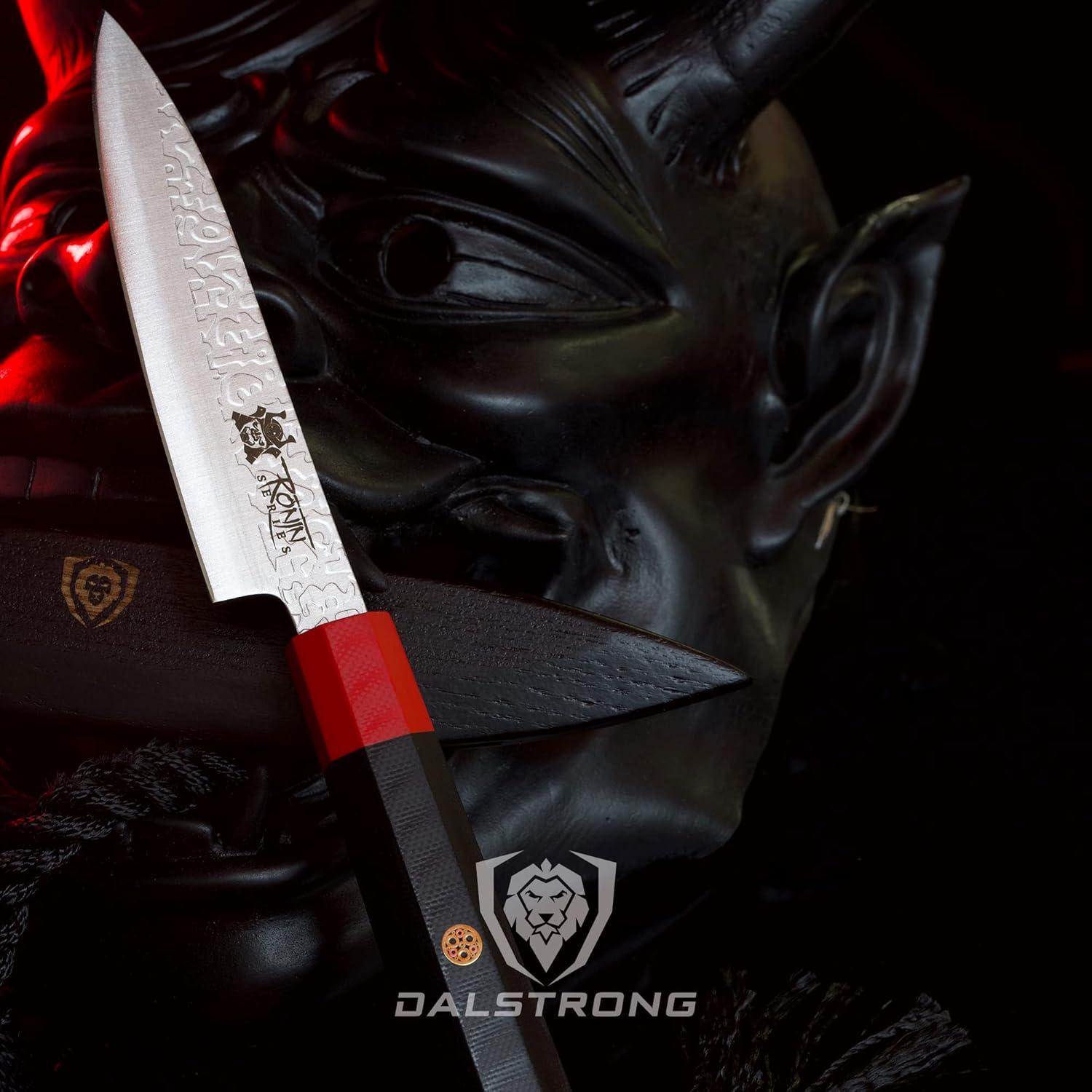 image:imageDalstrong Paring Knife 45 inch Ronin Series Double Bevel Blade Razor Sharp Japanese AUS10V Super Steel Damascus G10 Handle Kitchen Knife Black Acacia Wood Sheath