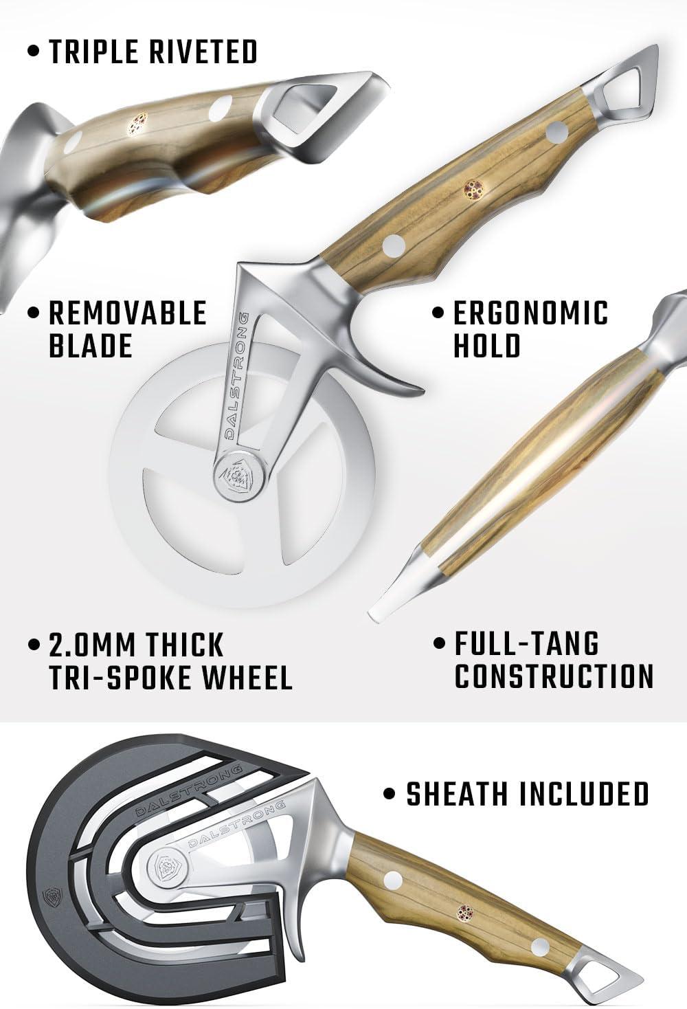 image:imageDalstrong Pizza Cutter Wheel HighCarbon HeavyDuty Stainless Steel G10 Handle Easy Cleaning Best Pizza Knife Slice Thumb Guard Protection amp Blade Cover The Orbit Razor Unique Pizza SlicerOlive Wood
