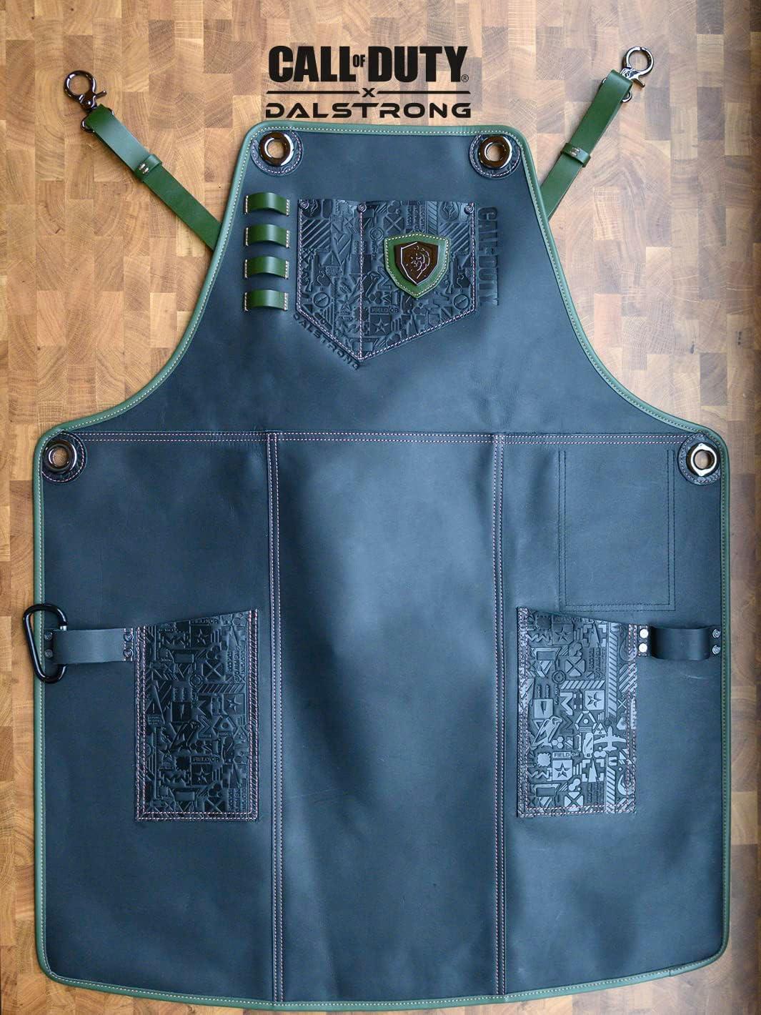 image:imageDalstrong Professional Chef Leather Apron Call Of Duty Edition Top Grain Genuine Black Leather Green Nylon and Leather Straps Aluminum Carabiners Lightweight UltraDurable