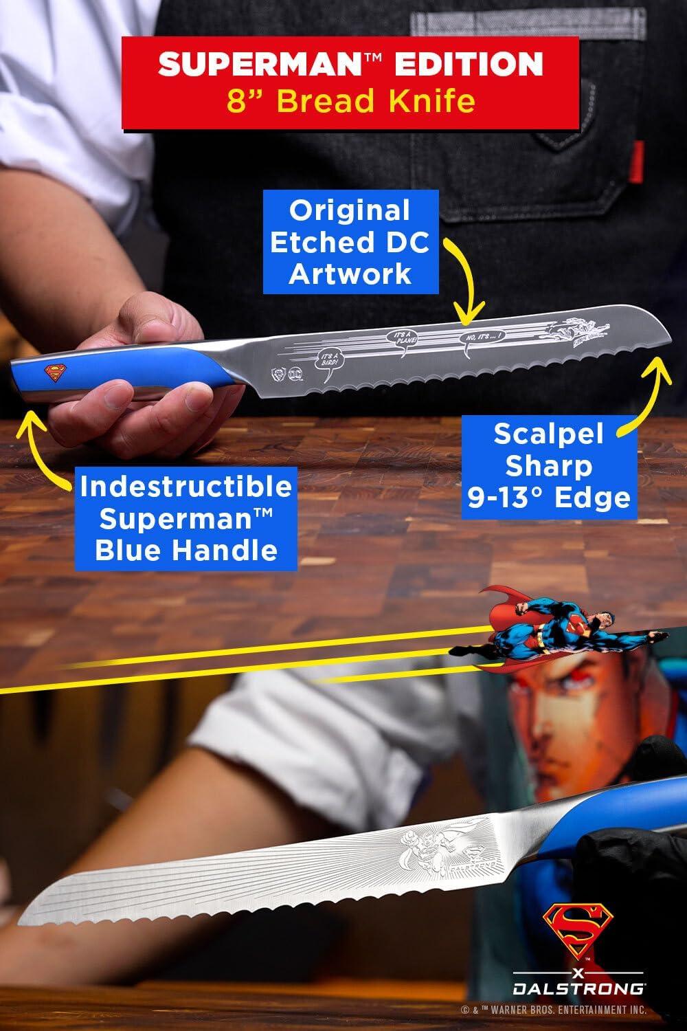 image:imageDalstrong Serrated 8 inch Bread Knife DC Superman Edition Premium German Stainless Steel POM Handle Full Tang Etched Artwork Logo Boyfriend Valentines Gift Bread Slicer Leather Sheath8 Bread Knife