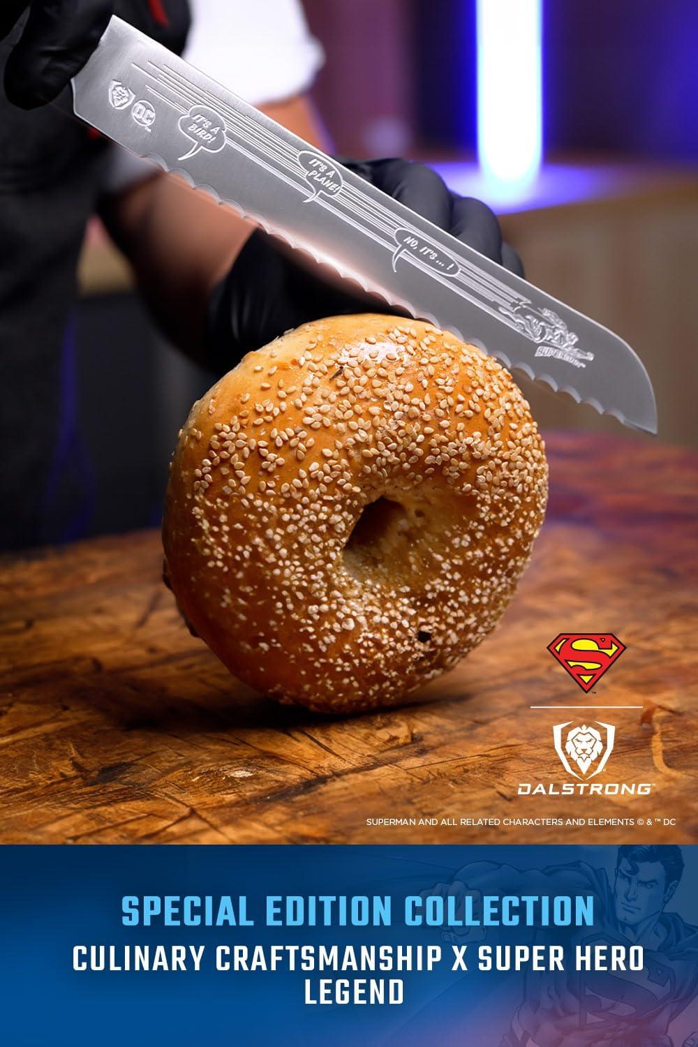 image:imageDalstrong Serrated 8 inch Bread Knife DC Superman Edition Premium German Stainless Steel POM Handle Full Tang Etched Artwork Logo Boyfriend Valentines Gift Bread Slicer Leather Sheath8 Bread Knife