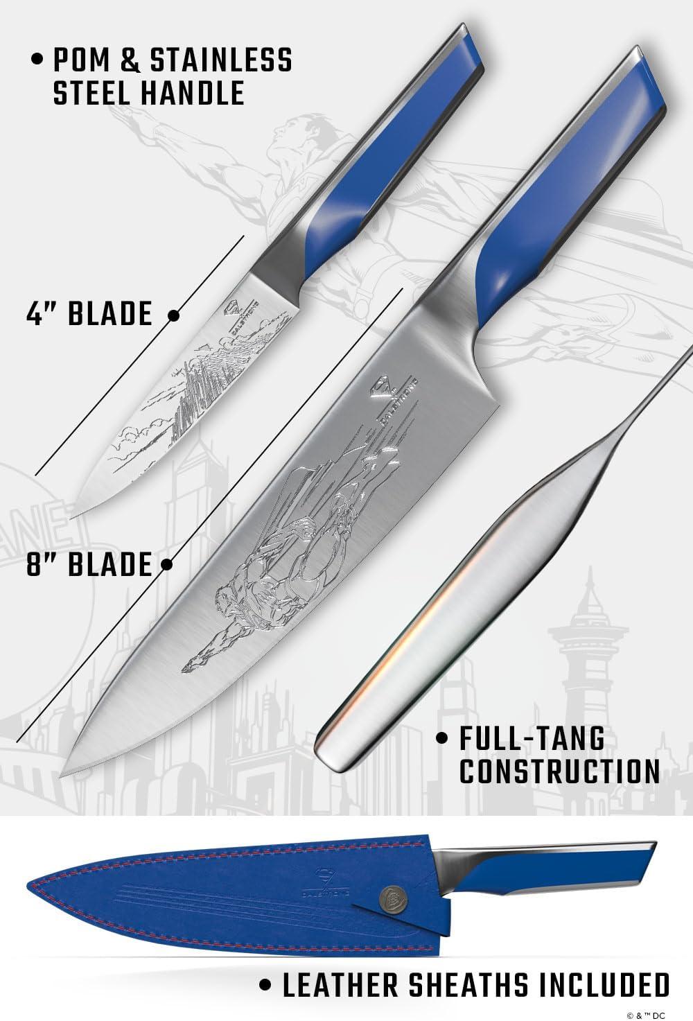 image:imageDalstrong Serrated 8 inch Bread Knife DC Superman Edition Premium German Stainless Steel POM Handle Full Tang Etched Artwork Logo Boyfriend Valentines Gift Bread Slicer Leather Sheath2pc Chef Knives