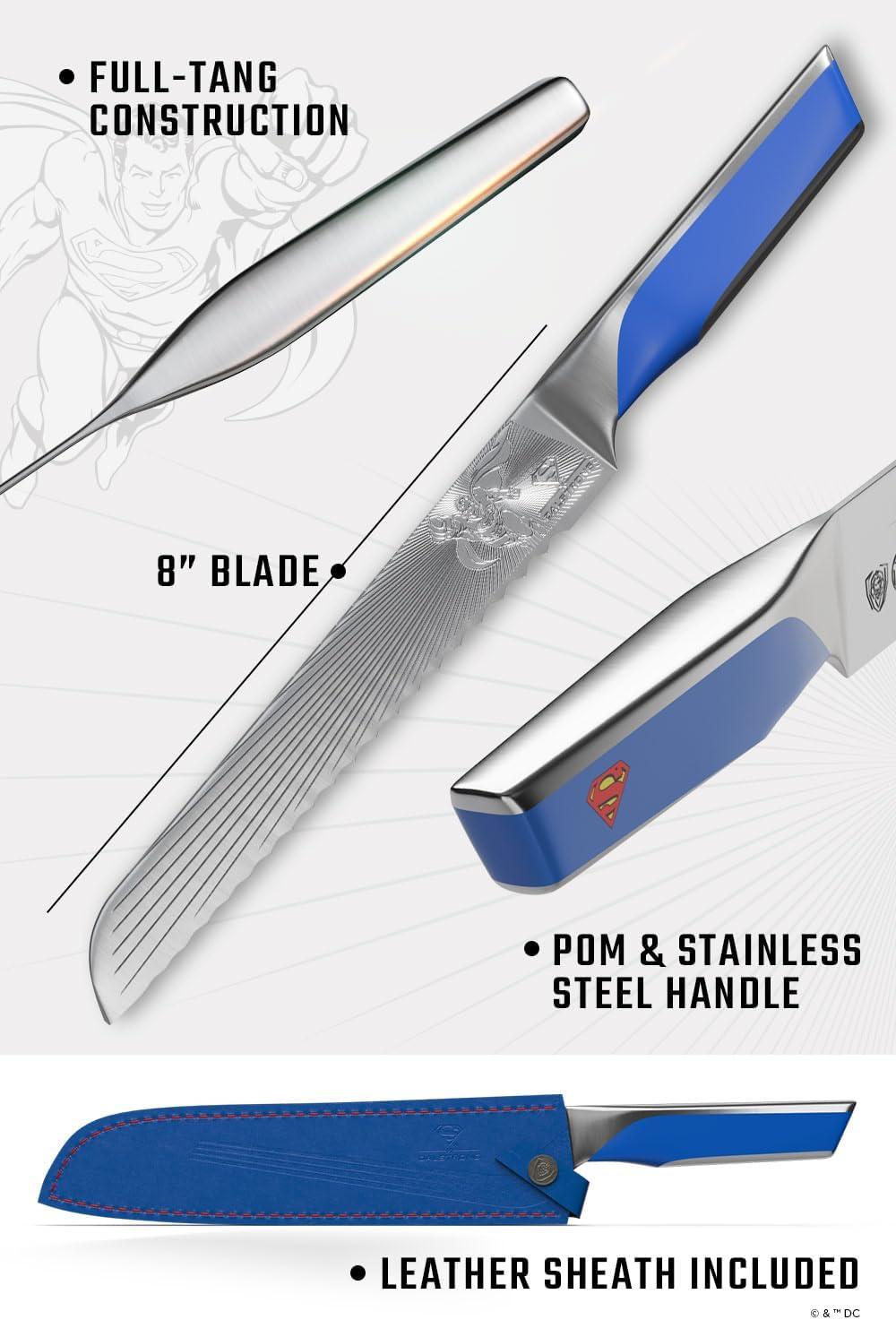 image:imageDalstrong Serrated 8 inch Bread Knife DC Superman Edition Premium German Stainless Steel POM Handle Full Tang Etched Artwork Logo Boyfriend Valentines Gift Bread Slicer Leather Sheath8 Bread Knife