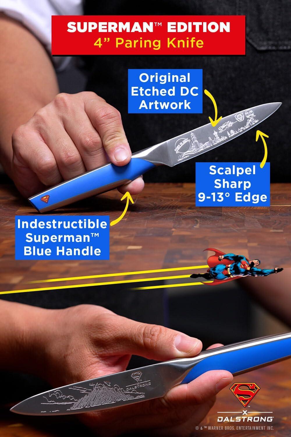 image:imageDalstrong Serrated 8 inch Bread Knife DC Superman Edition Premium German Stainless Steel POM Handle Full Tang Etched Artwork Logo Boyfriend Valentines Gift Bread Slicer Leather Sheath2pc Chef Knives