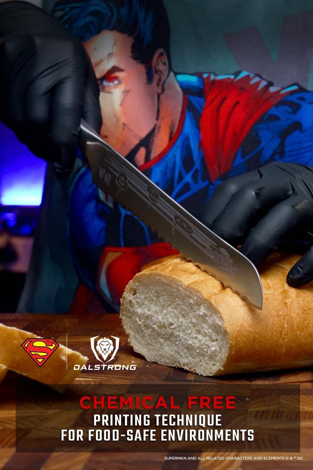 image:imageDalstrong Serrated 8 inch Bread Knife DC Superman Edition Premium German Stainless Steel POM Handle Full Tang Etched Artwork Logo Boyfriend Valentines Gift Bread Slicer Leather SheathMan of Steel Apron