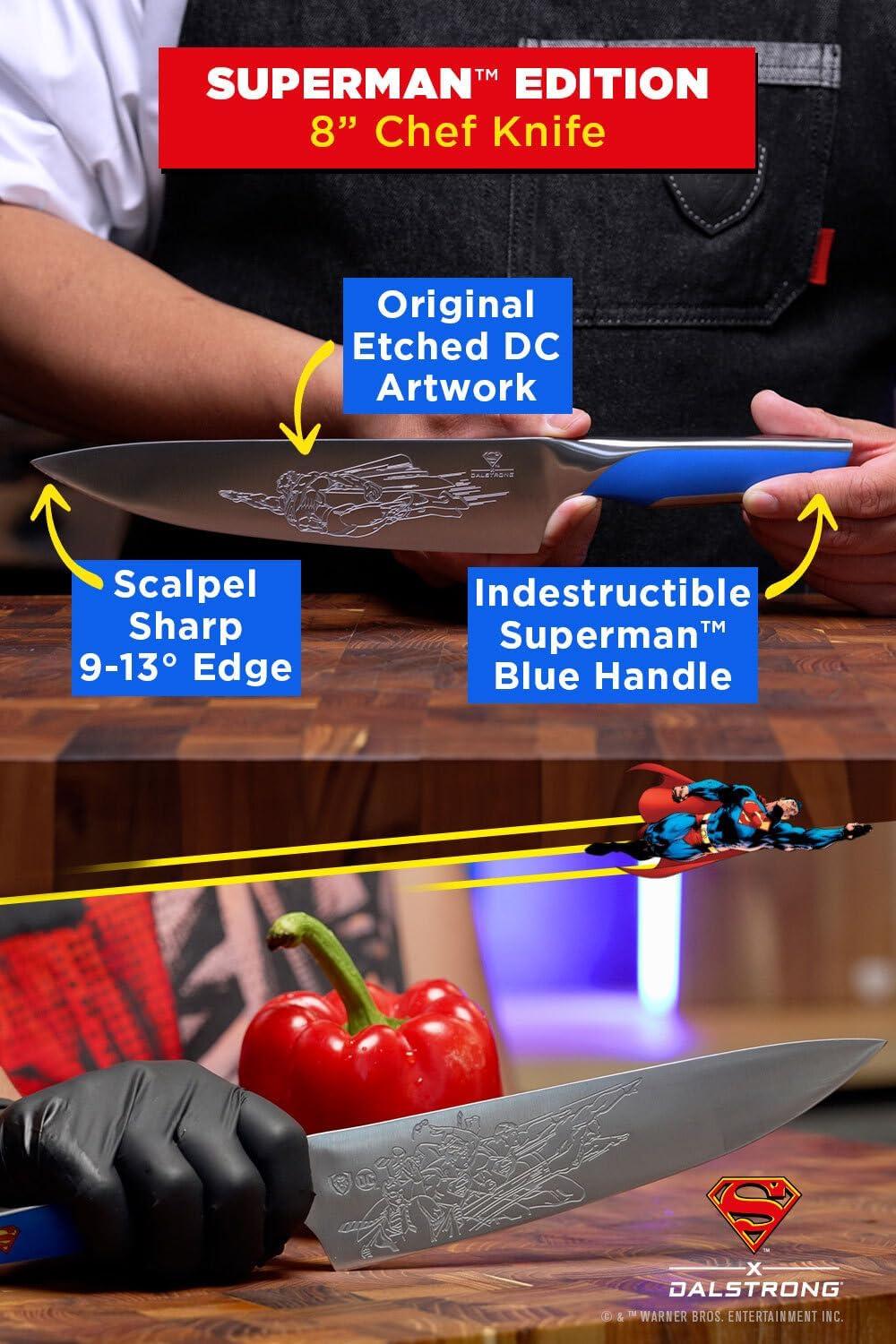 image:imageDalstrong Serrated 8 inch Bread Knife DC Superman Edition Premium German Stainless Steel POM Handle Full Tang Etched Artwork Logo Boyfriend Valentines Gift Bread Slicer Leather Sheath2pc Chef Knives