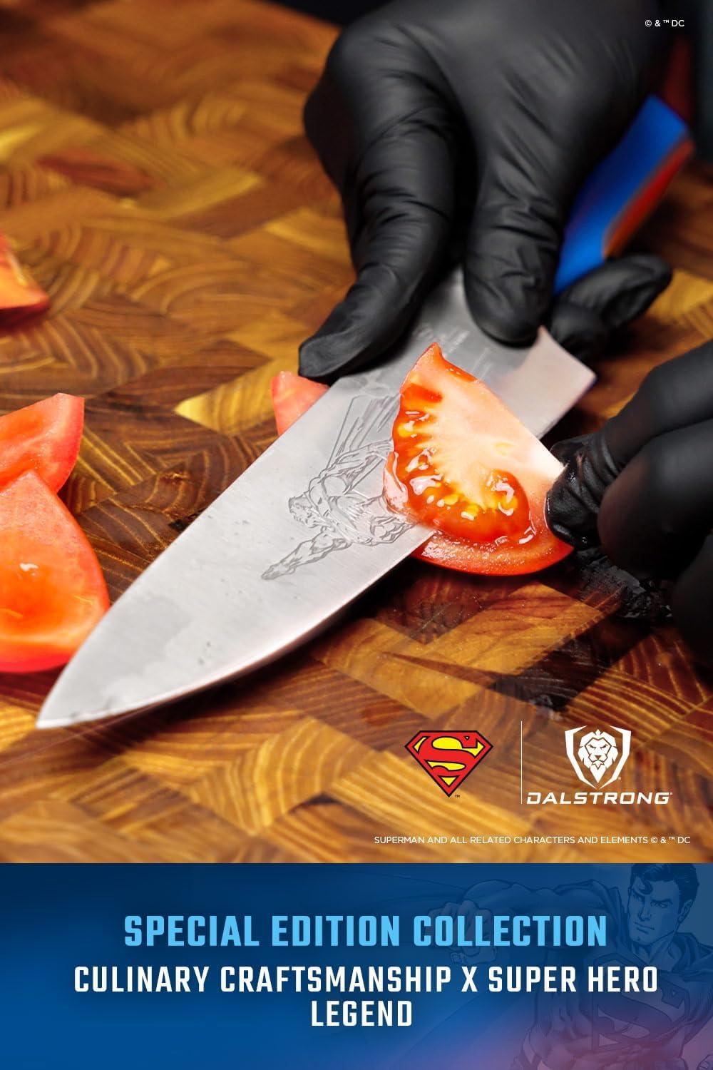 image:imageDalstrong Serrated 8 inch Bread Knife DC Superman Edition Premium German Stainless Steel POM Handle Full Tang Etched Artwork Logo Boyfriend Valentines Gift Bread Slicer Leather Sheath2pc Chef Knives