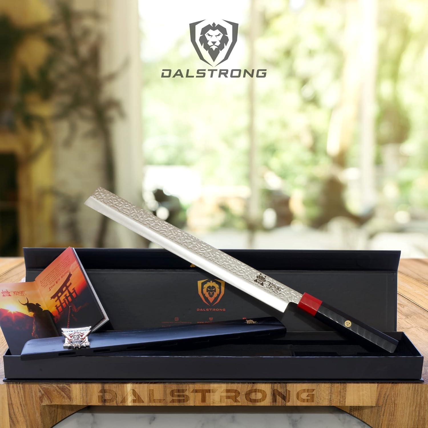 image:imageDalstrong Slicing amp Carving Knife 12 inch Slicer Ronin Series Double Bevel Blade Razor Sharp Japanese AUS10V Super Steel Damascus G10 Handle Kitchen Knife Black Acacia Wood Sheath