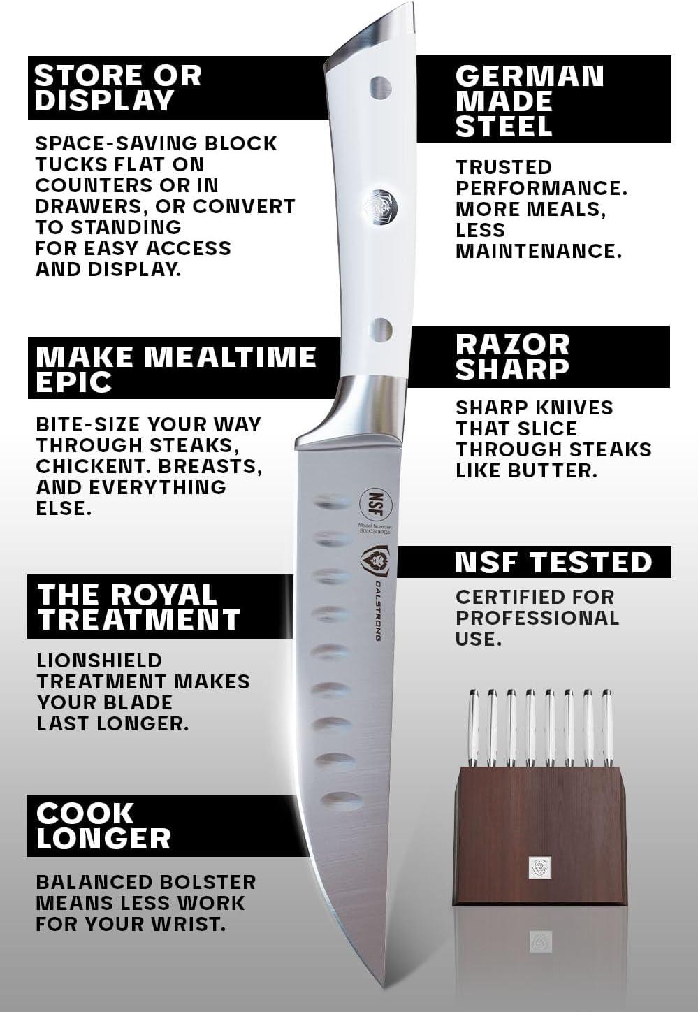image:imageDalstrong Steak Knife Set 8 Piece 5 inch Straight Edge Blade Gladiator Series Elite Forged HighCarbon German Steel Dinner Kitchen Knife Black G10 Handle Folding Block Set NSF CertifiedGlacial White Handles