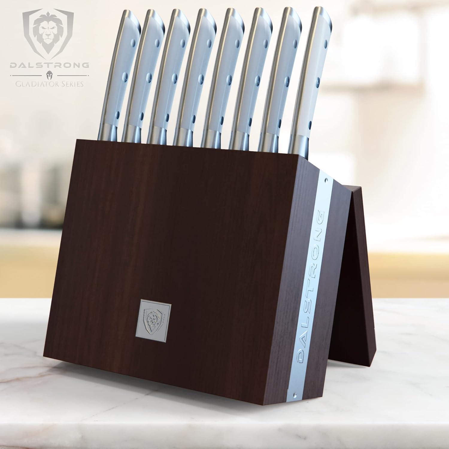 image:imageDalstrong Steak Knife Set 8 Piece 5 inch Straight Edge Blade Gladiator Series Elite Forged HighCarbon German Steel Dinner Kitchen Knife Black G10 Handle Folding Block Set NSF CertifiedGlacial White Handles