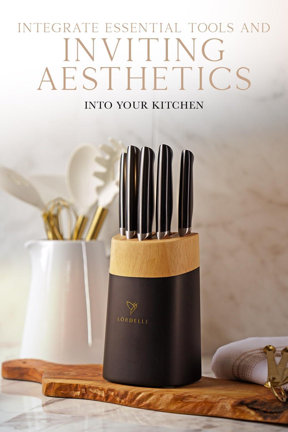 image:imageLORDELLE Knife Block Set 5 Piece Set Black Vintage Ink Lifestyle Home Kitchen Design German X50 Stainless Steel ABS Handle Ash Wood Block Cooking Chef Knife Santoku Paring UtilityVintage Ink