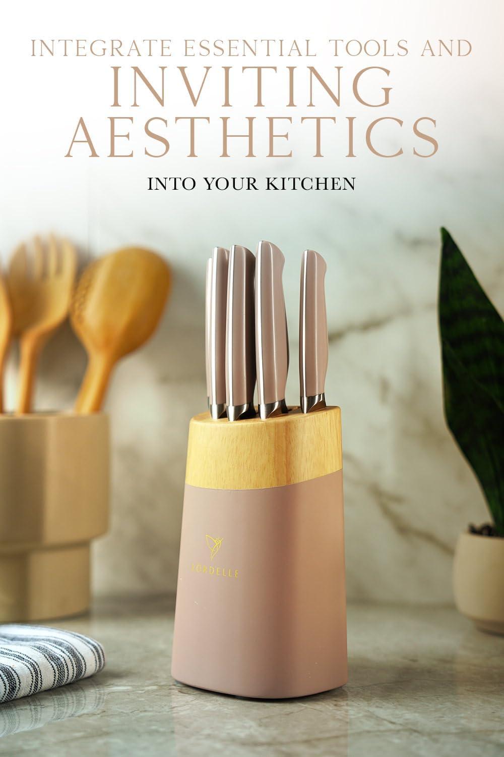 image:imageLORDELLE Knife Block Set 5 Piece Set Black Vintage Ink Lifestyle Home Kitchen Design German X50 Stainless Steel ABS Handle Ash Wood Block Cooking Chef Knife Santoku Paring UtilityRosewood