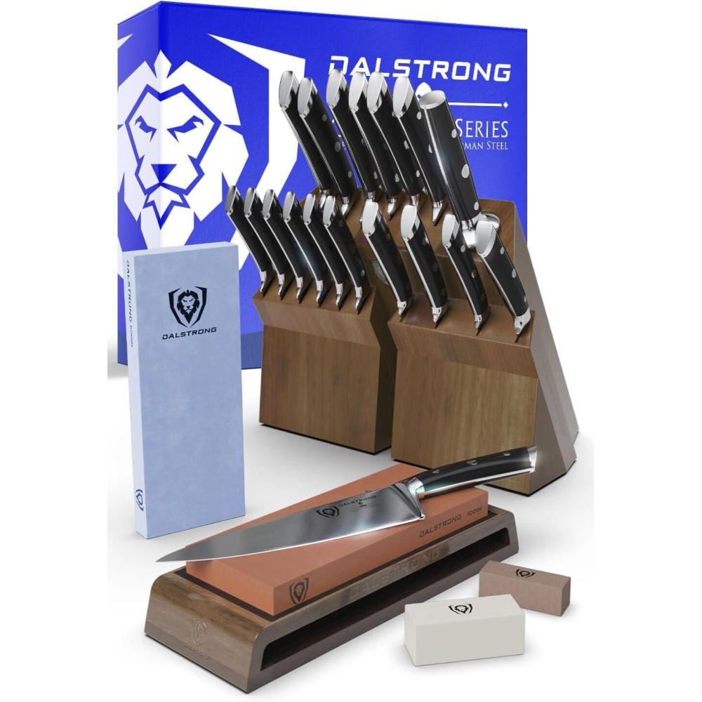 image:imageDALSTRONG 18piece Gladiator Series Knife Block amp Whetstone Grit Set German HC Steel Blades Acacia Wood Stand White ABS Handles NSF Certificate Premium Corundum Thick Sharpening Stones