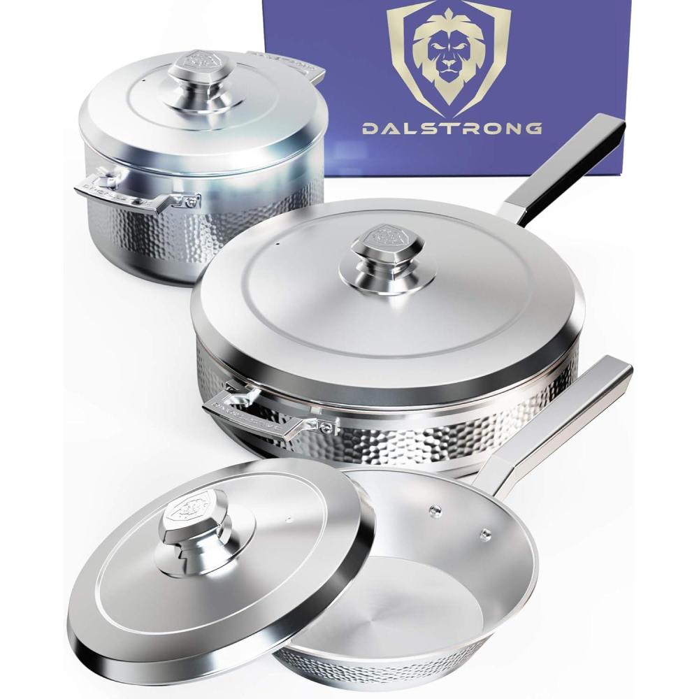 image:imageDALSTRONG 6Piece Premium Kitchen Cookware Set The Avalon Series 5Ply Copper Core Hammered Finish Pots and Pans Set Silver Cooking Set wLid amp Pot Protector