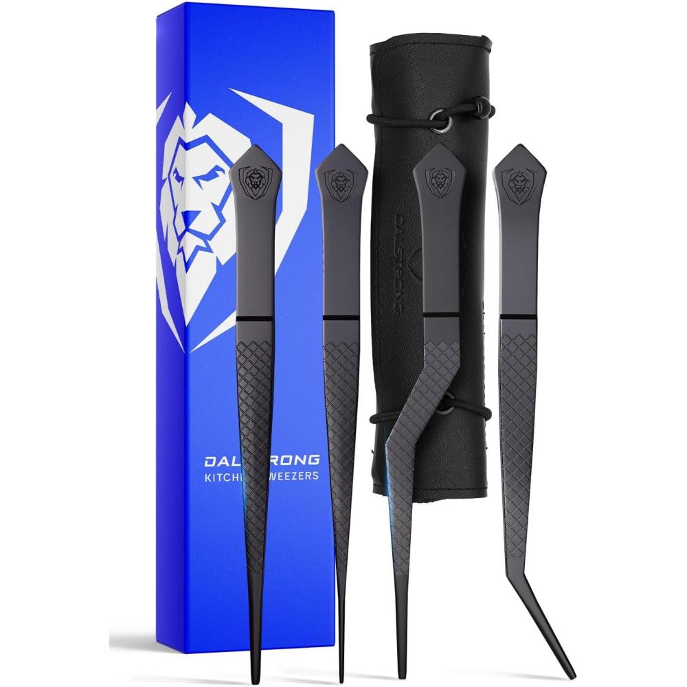 image:imageDALSTRONG Professional Food Tweezers5 Piece Set HighPrecision Tweezer Tongs  Black Titanium Coating  Plating Culinary Fine Use 304 Stainless Steel Metal Kitchen Tongs4pc Set