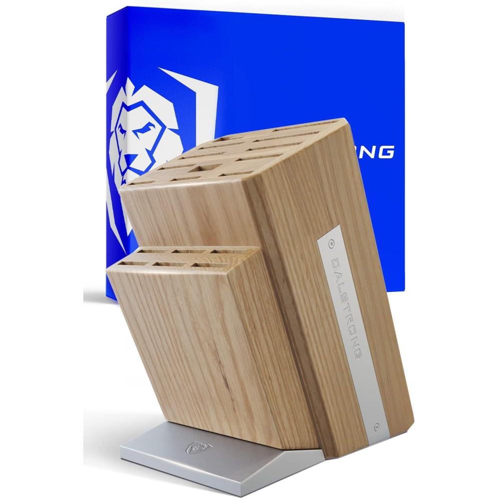 image:imageDALSTRONG Universal Knife Block 18 Slots Premium American Ash Wood Aluminum Alloy Rim Kitchen Set Lion Head Logo Badge Premium Craftsmanship Knife Set Angled For Ergonomics Cleans Easily18 Slots