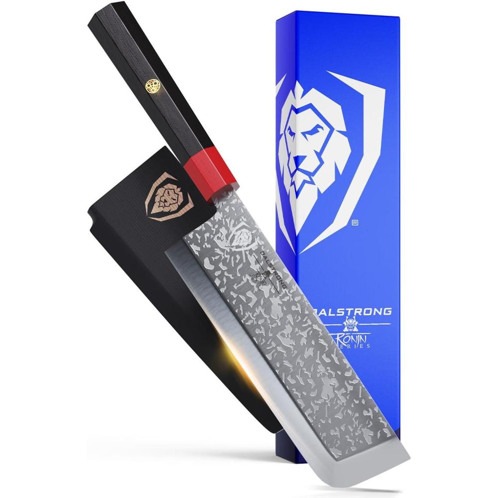 image:imageDALSTRONG Usuba Knife 7 inch Ronin Series Single Bevel Blade Japanese AUS10V Damascus Steel Red Rosewood Handle Kitchen Knife Sushi Asian Vegetable Knife wSheath