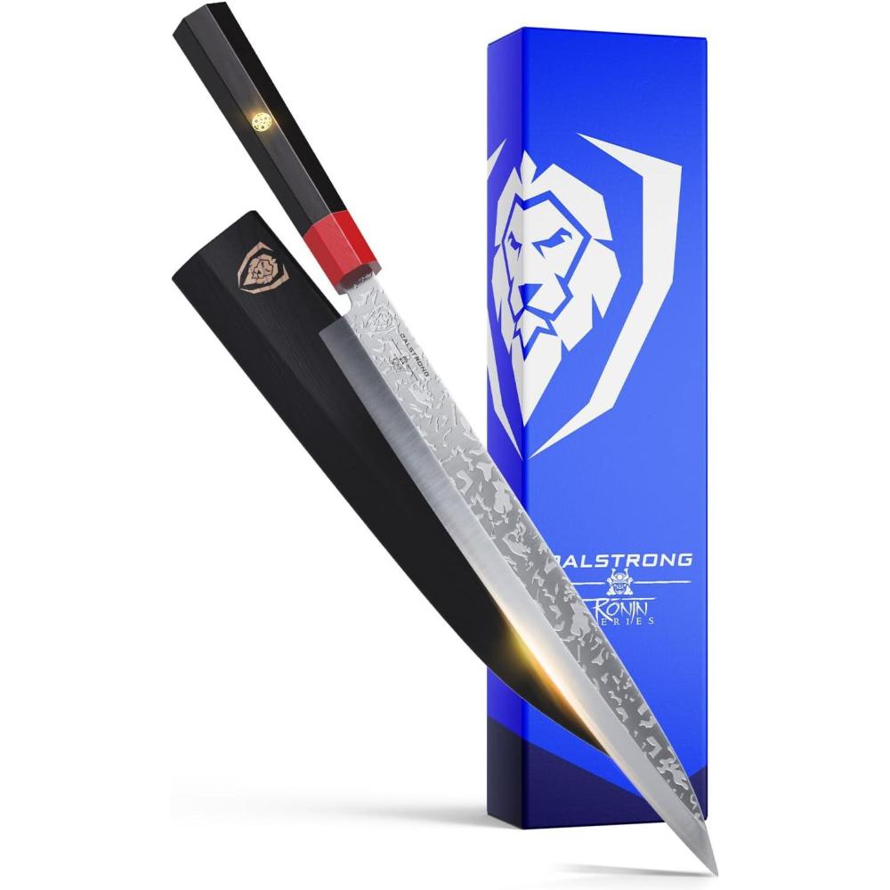 image:imageDALSTRONG Yanagiba Knife  105 inch Sushi Knife  Ronin Series  Single Bevel Blade  Japanese AUS10V Damascus Steel  Asian Knife  Japanese Kitchen Knife  Red amp Black G10 Handle  wSheath
