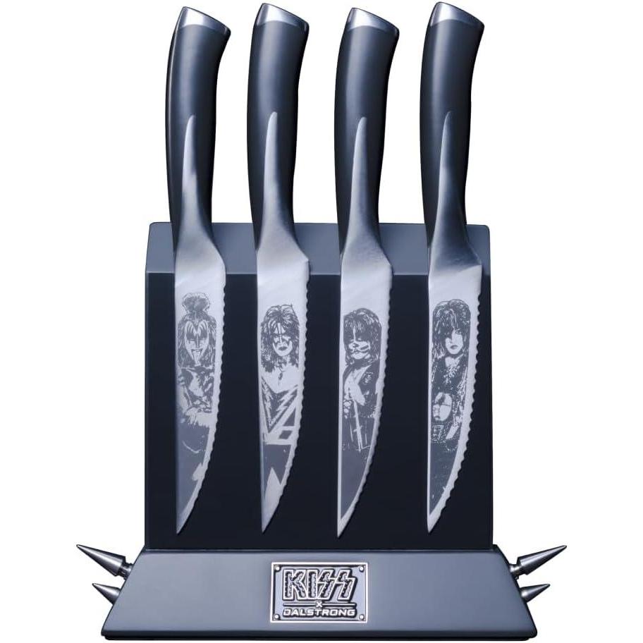 image:imageDalstrong 4 Piece Steak Knife Set 45 KISS Edition Official License Magnetic Wood amp Metal Block Display Serrated Knives Meat Dinner Set German X50CRMOV15 Stainless Steel Collector Pin
