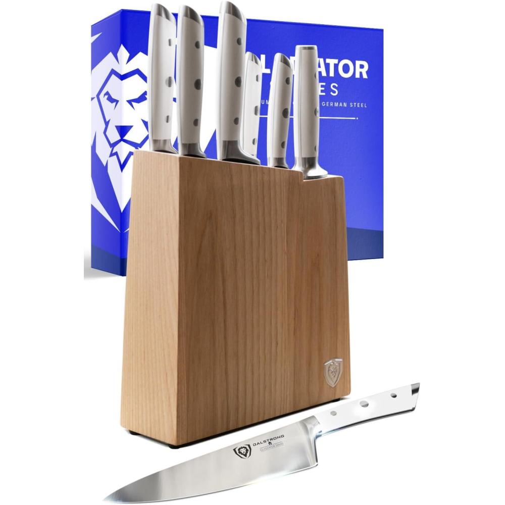 image:imageDalstrong 8Piece Kitchen Knife Set Block  High Carbon German Steel Full Tang  Acacia Wood Knife Block Set  White Handles ABS Gladiator Series  Professional NSF Knives set for Kitchen CuchillosGlacial White