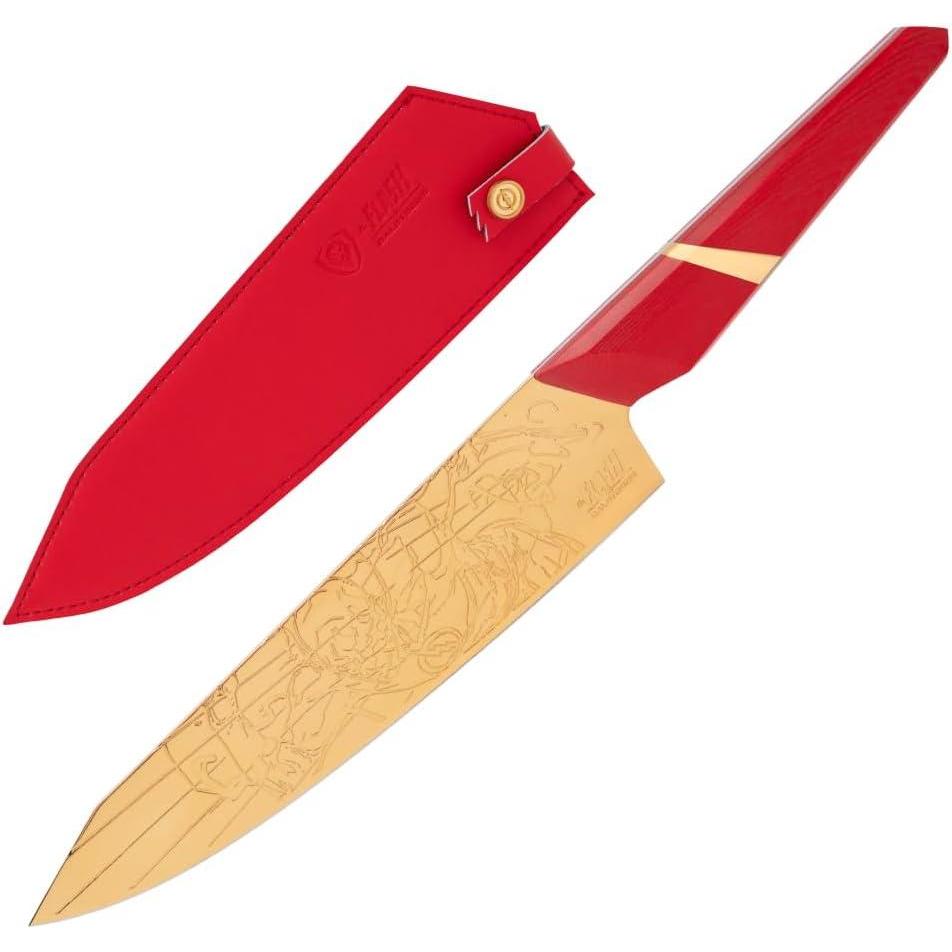image:imageDalstrong Chef Knife 8 inch The FLASH Edition German X50CRMOV15 Stainless Steel Gold Titanium Nitride G10 Handle Full Tang Premium Leather Sheath Collection Edition wPin