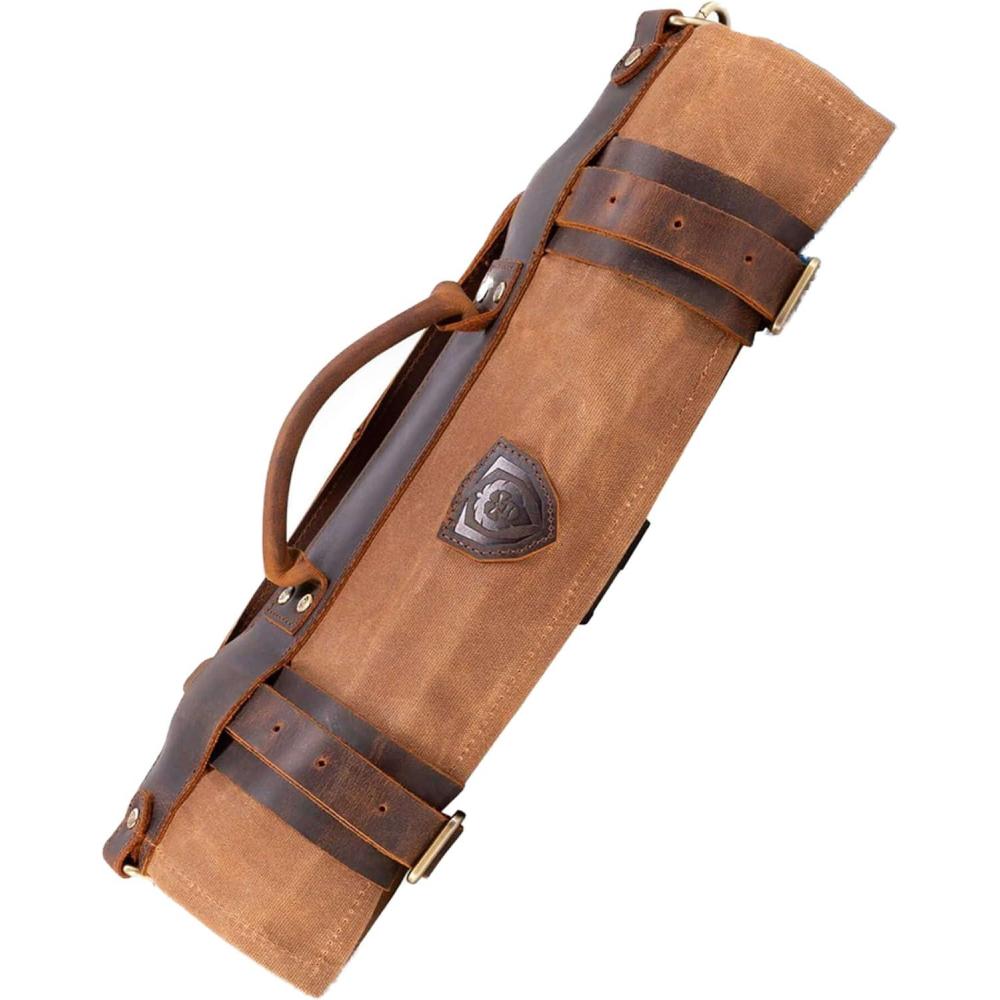 image:imageDalstrong Nomad Knife Wrap Roll 12oz Waxed Canvas Top Grain Leather Knife Roll Bag 13 Slots Interior amp Rear Zipper Pockets Travel Storage with BladeBrown
