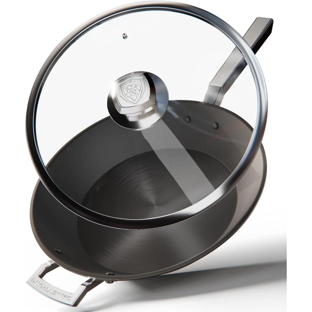image:imageDalstrong Non Stick Frying Pan Skillet 12 inch The Oberon Series ETERNA NonStick Pan Coating 28 QT 3Ply Aluminum Core Cookware Silver Cooking Pots and Pans wLid amp Pot Protector
