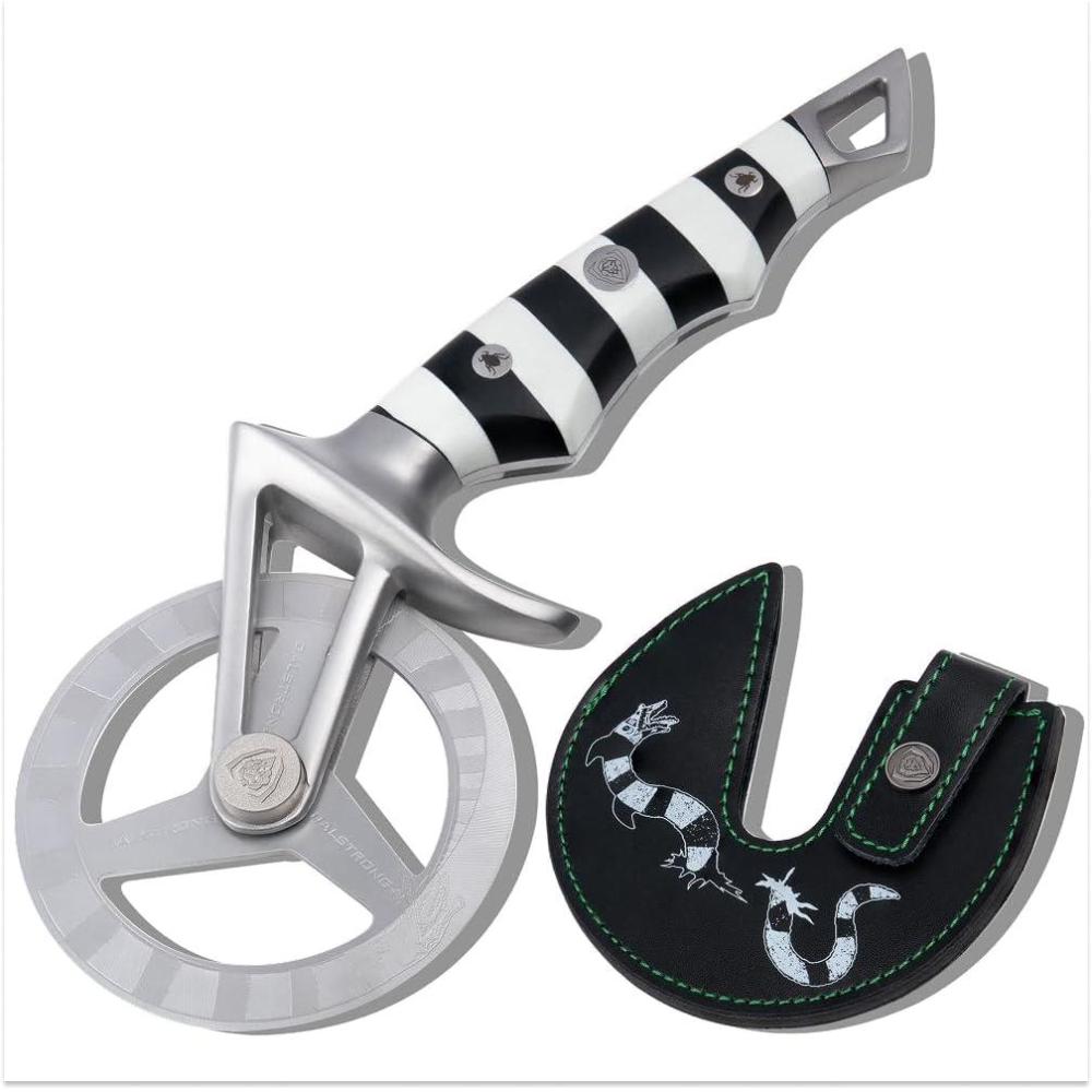 image:imageDalstrong Professional Pizza Wheel Beetlejuice Edition Official License German X50CRMOV15 Stainless Steel G10 Handle Detachable Blade Pizza Cutter Leather Sheath