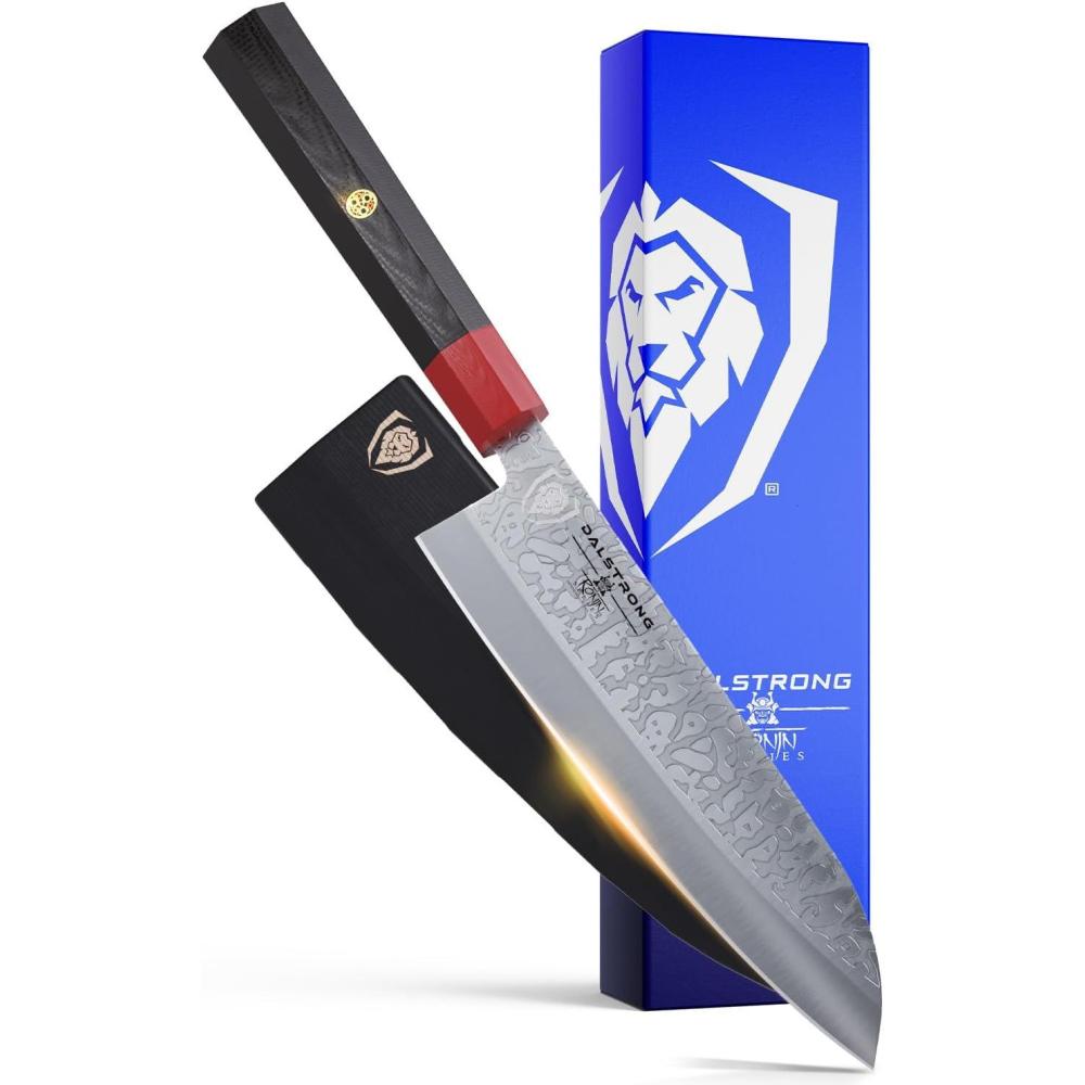 image:imageDalstrong Santoku Knife 7 inch Ronin Series Double Bevel Blade Razor Sharp Japanese AUS10V Super Steel Damascus G10 Handle Kitchen Knife Black Acacia Wood Sheath