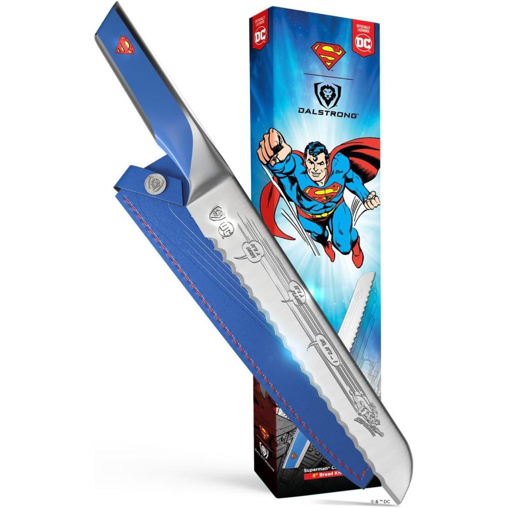 image:imageDalstrong Serrated 8 inch Bread Knife DC Superman Edition Premium German Stainless Steel POM Handle Full Tang Etched Artwork Logo Boyfriend Valentines Gift Bread Slicer Leather Sheath8 Bread Knife
