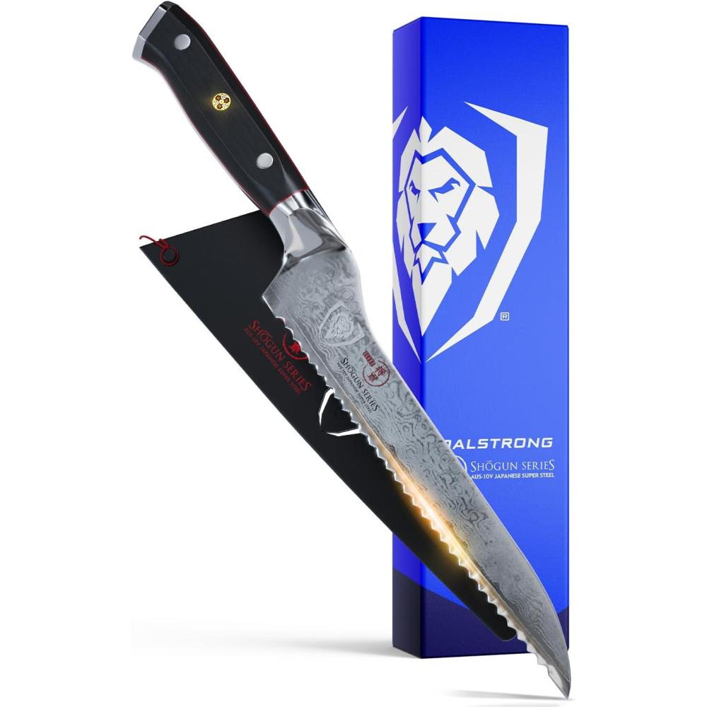image:imageDalstrong Serrated Offset Bread Knife 8 inch Shogun Series Deli Knife Gift Damascus AUS10V Japanese Super Steel Bread Slicer Cutter Slicing Knife Vacuum Treated G10 Handle Sheath8 Offset Bread Knife