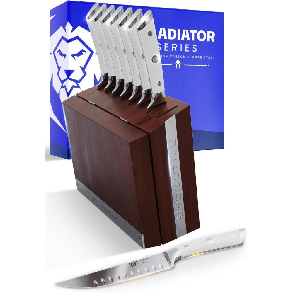 image:imageDalstrong Steak Knife Set  8 Piece  5 inch Straight Edge Blade  Gladiator Series Elite  Forged HighCarbon German Steel Dinner Kitchen Knife  Black G10 Handle  Folding Block Set  NSF CertifiedGlacial White Handles