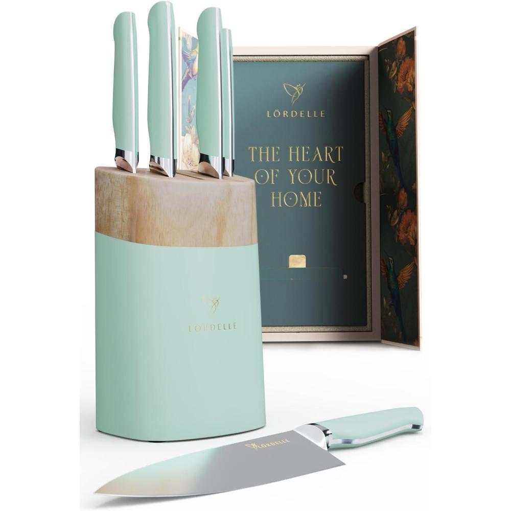 image:imageLORDELLE Knife Block Set  5 Piece Set  Black Vintage Ink  Lifestyle Home Kitchen Design  German X50 Stainless Steel  ABS Handle  Ash Wood Block  Cooking Chef Knife Santoku Paring UtilityCoastal