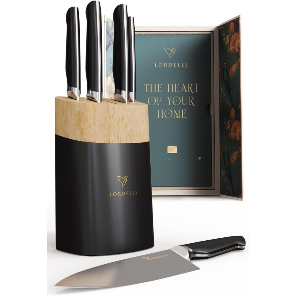 image:imageLORDELLE Knife Block Set 5 Piece Set Black Vintage Ink Lifestyle Home Kitchen Design German X50 Stainless Steel ABS Handle Ash Wood Block Cooking Chef Knife Santoku Paring UtilityVintage Ink