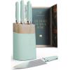 LORDELLE Knife Block Set – 5 Piece Set – Black Vintage Ink – Lifestyle Home Kitchen Design – German X50 Stainless Steel – ABS Handle – Ash Wood Block – Cooking Chef Knife, Santoku, Paring, Utility(Coastal)